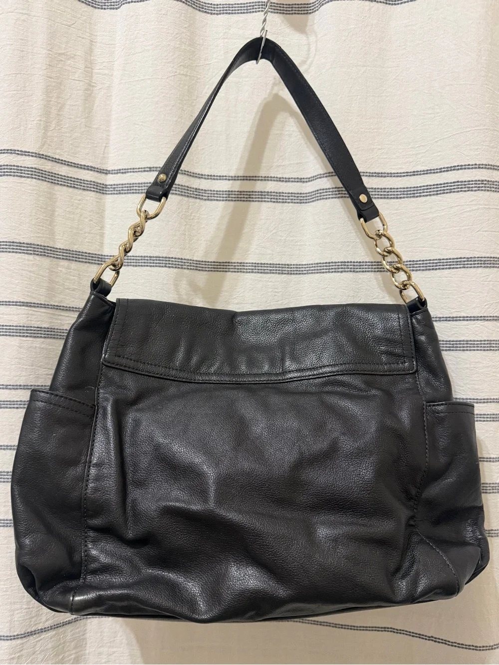 Kate Spade Black Pebbled Leather Flap Shoulder Bag Gold Chain S363 Polka Dot